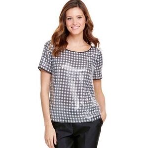 Vineyard Vines black gingham sequin top 4 blouse shimmer‎ dressy plaid neutral